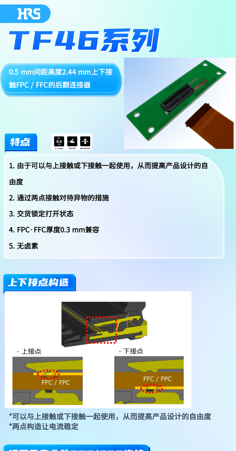 【产品推荐】上下接触FPC / FFC的后翻连接器-TF46系列