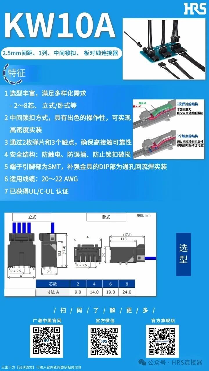 【产品推荐】2.5mm间距、1列、中间锁扣、板对线连接器KW10A系列